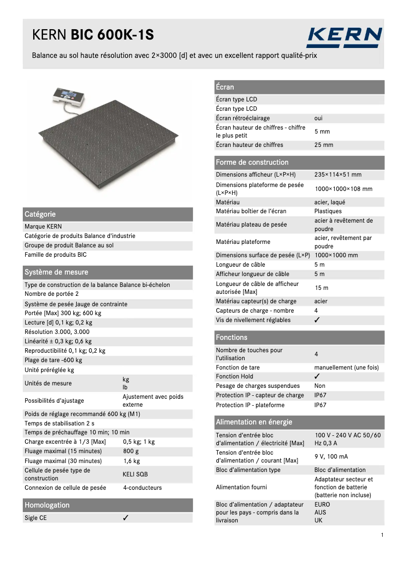 Página 1 del manual Ficha técnica Kern BIC 600K-1S