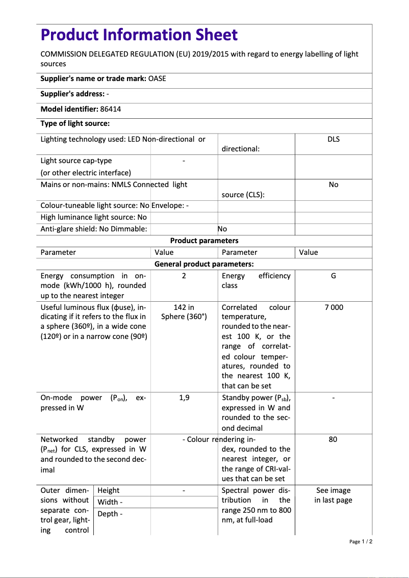 Página 1 del manual Ficha técnica Oase biOrb LOOP 15