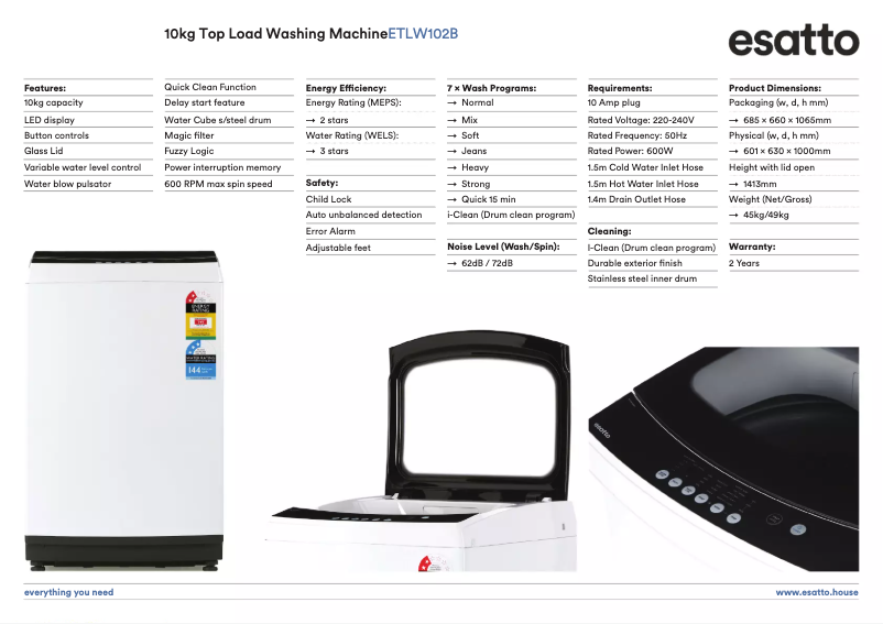 Página 1 del manual Ficha técnica Esatto ETLW102B