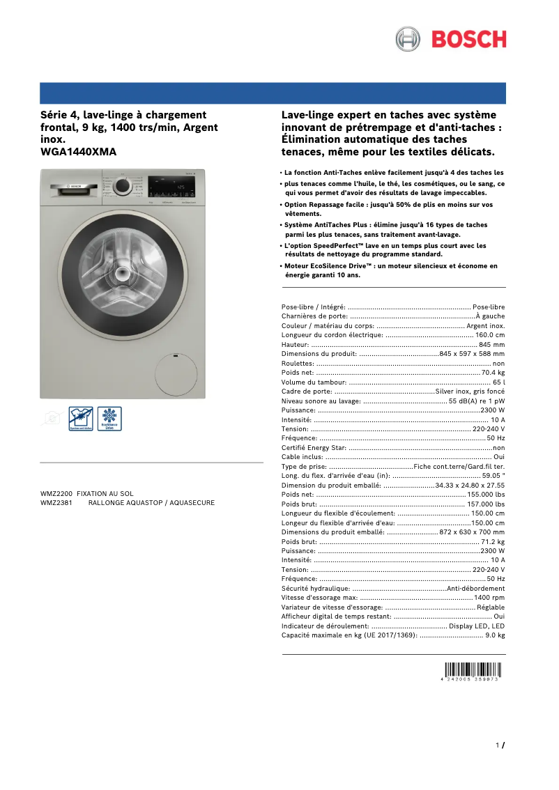 Página 1 del manual Ficha técnica Bosch WGA1440XMA