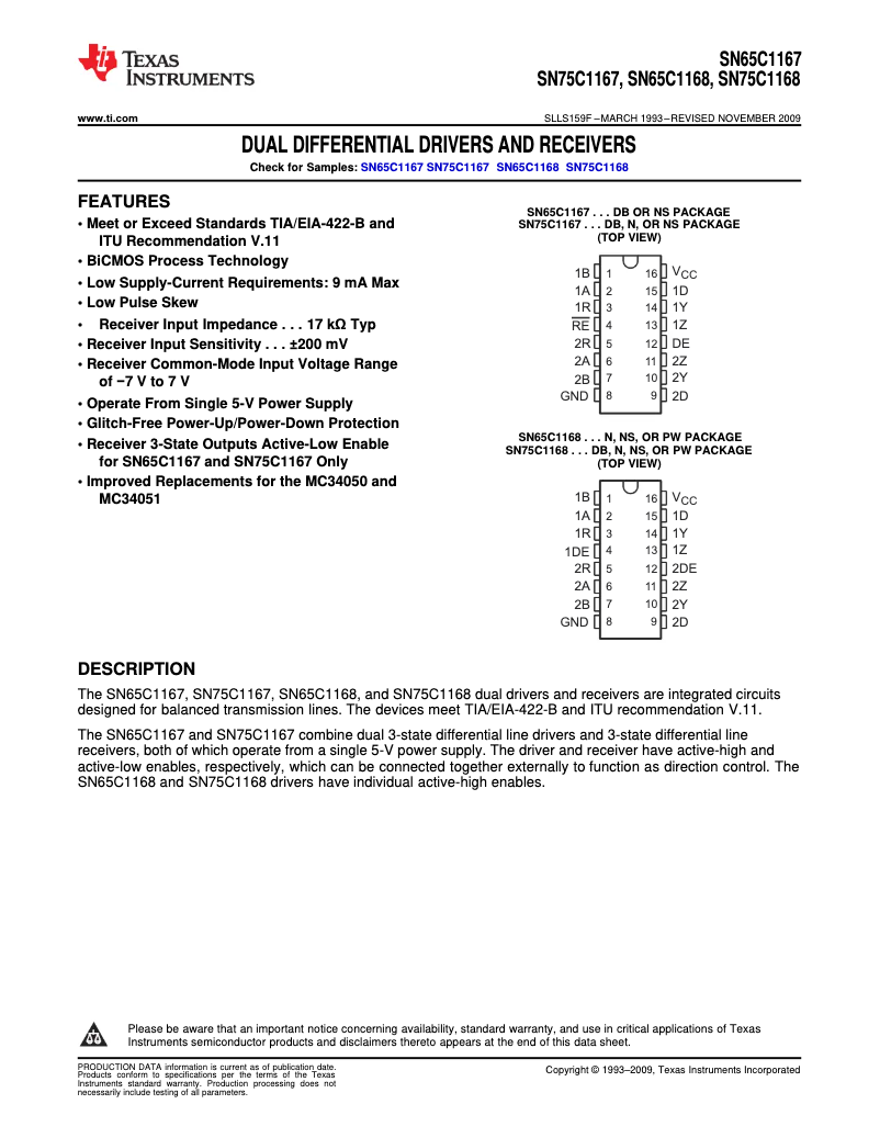 Página nº 1 - Manual de usuario Texas Instruments SN75C1168NSR