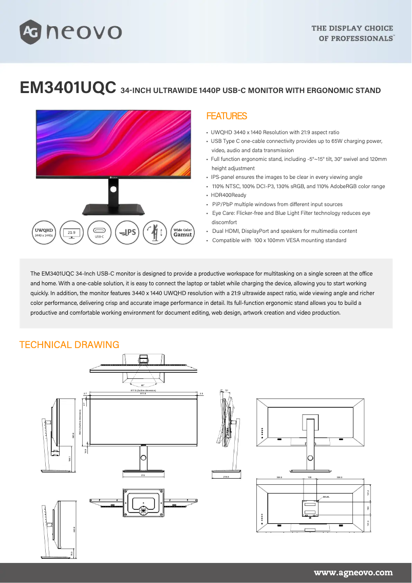 Página 1 del manual Ficha técnica AG Neovo EM3401UQC