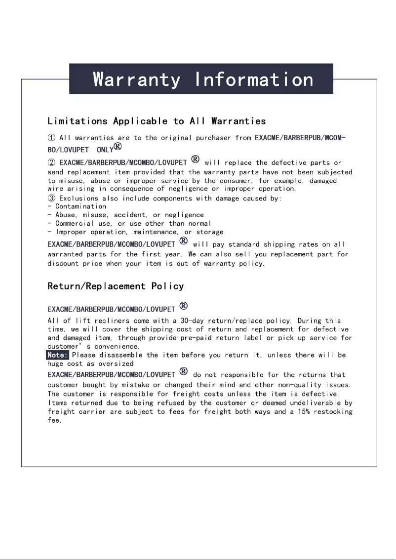 Página 1 del manual Información de garantía EXACME 6180-N014