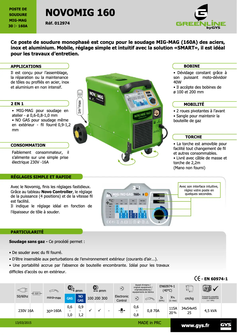 Página 1 del manual Ficha técnica GYS Novomig 160