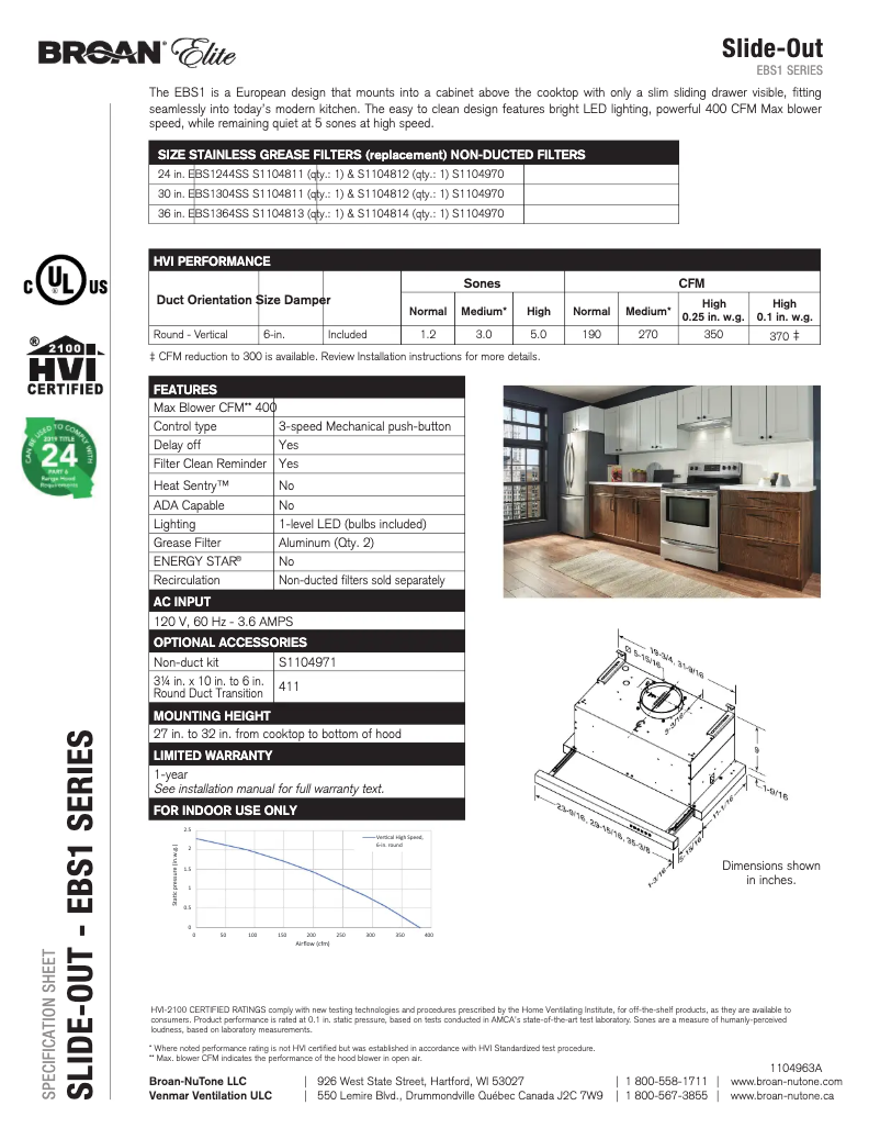 Página 1 del manual Ficha técnica Broan Elite EBS1304SS