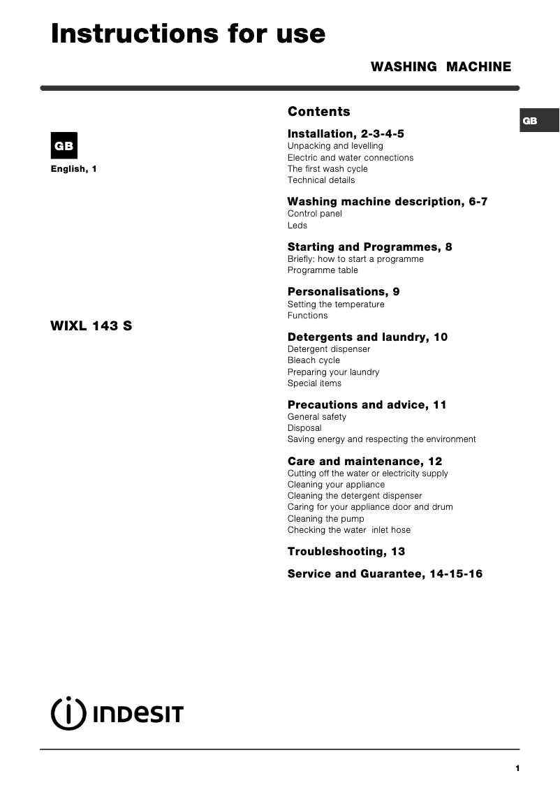 Página 1 del manual Manual de usuario Indesit WIXL143S