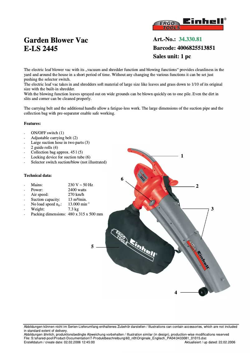 Página 1 del manual Ficha técnica Ergotools Pattfield E-LS 2445