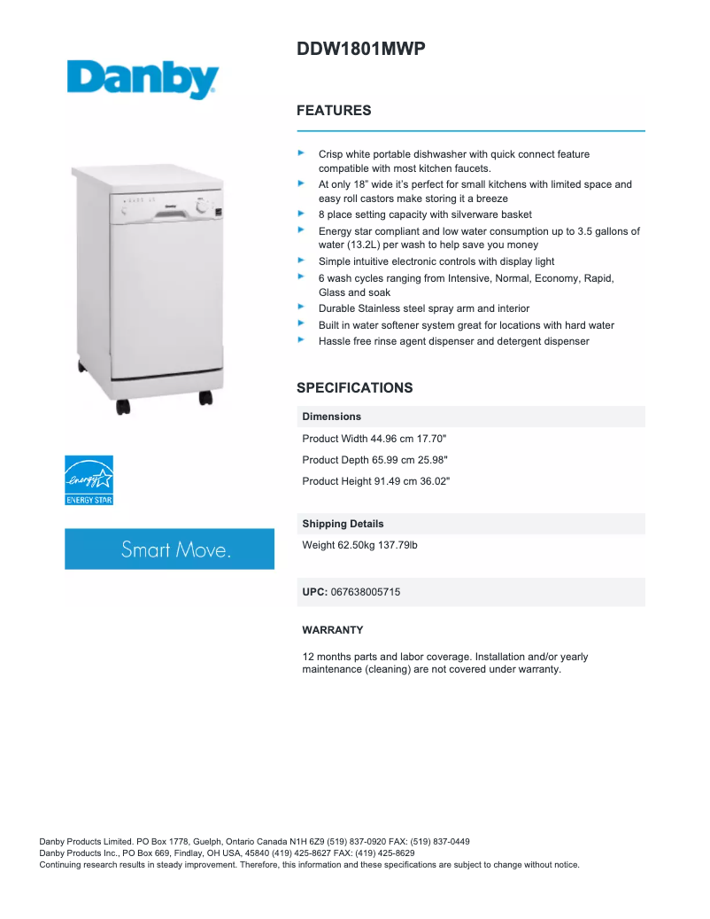 Página 1 del manual Ficha técnica Danby DDW1801P