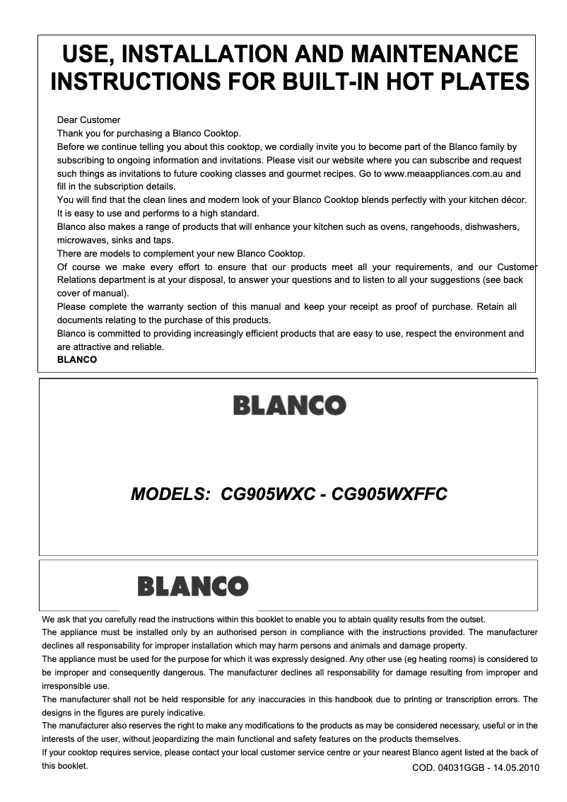 Página 1 del manual Instrucciones / montaje BLANCO CG905WXFFC