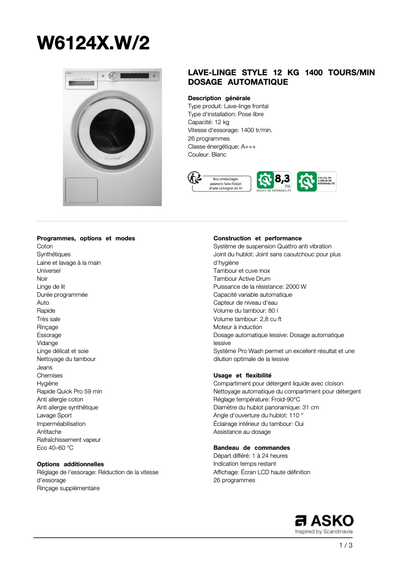 Página 1 del manual Ficha técnica Asko W6124XW2