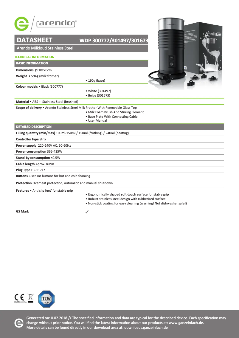 Página 1 del manual Ficha técnica Arendo 304593
