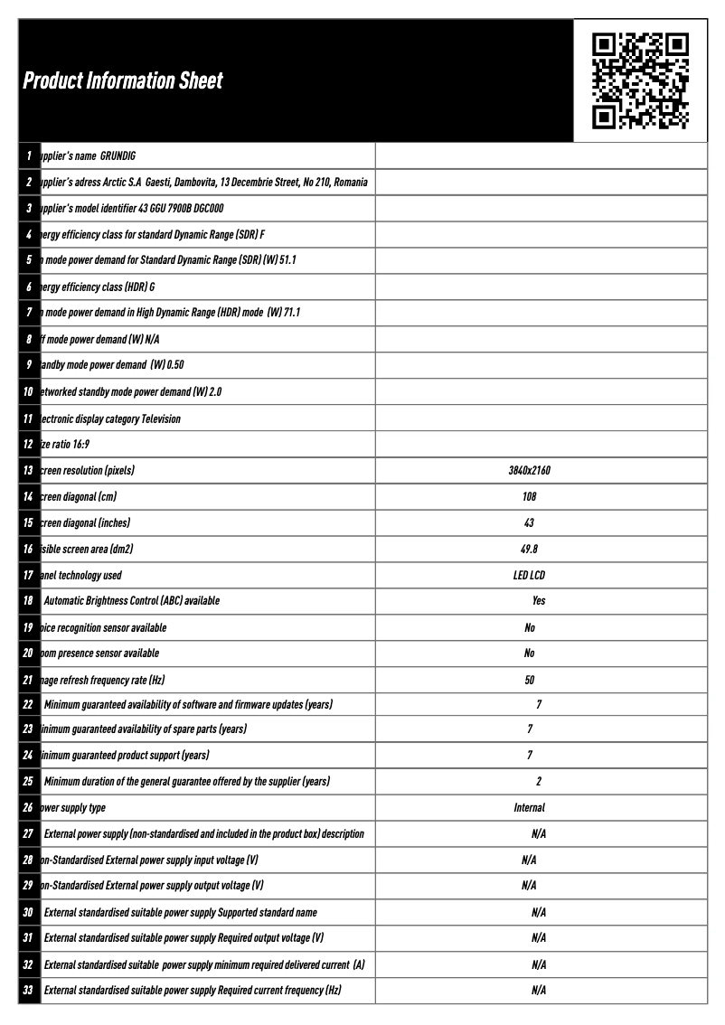 Página 1 del manual Ficha técnica Grundig 43GGU7900B