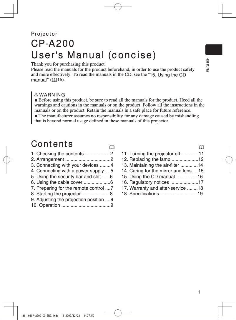 Imagen de la primera página del manual del dispositivo CP-A200
