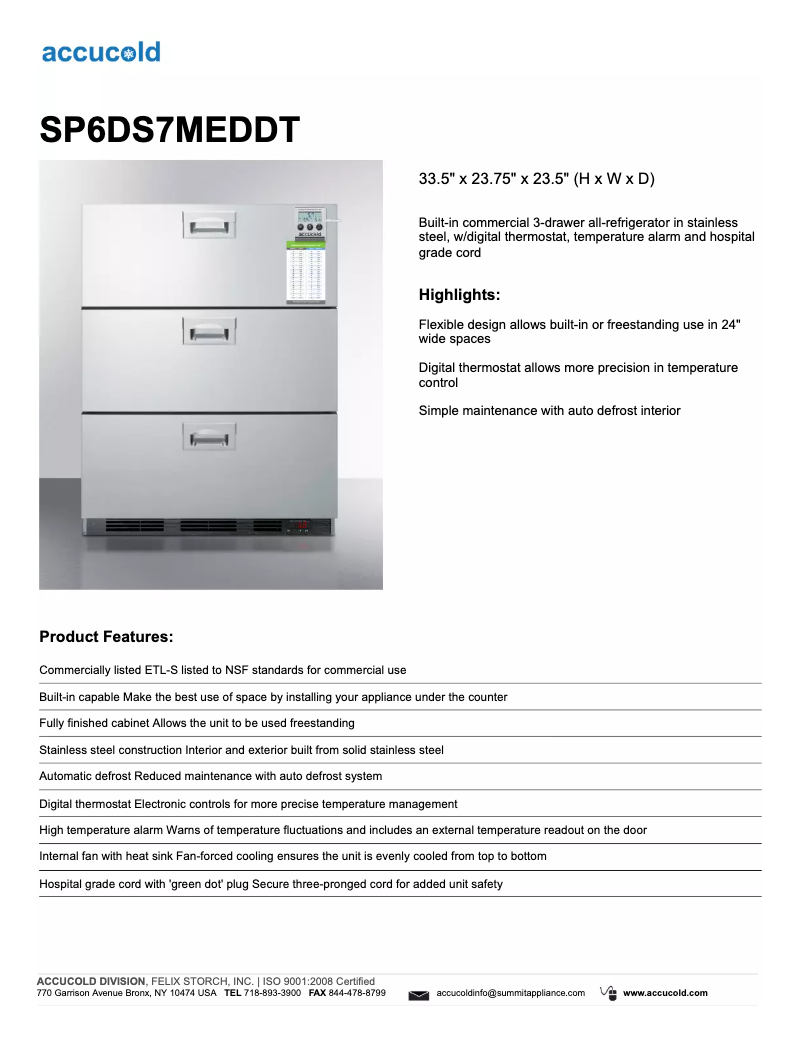 Página 1 del manual Ficha técnica Summit Accucold SP6DS7MEDDT
