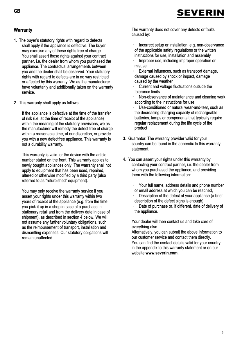 Página 1 del manual Información de garantía Severin MW 7918