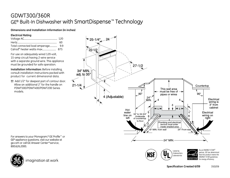 Página 1 del manual Ficha técnica GE GDWT300RWW
