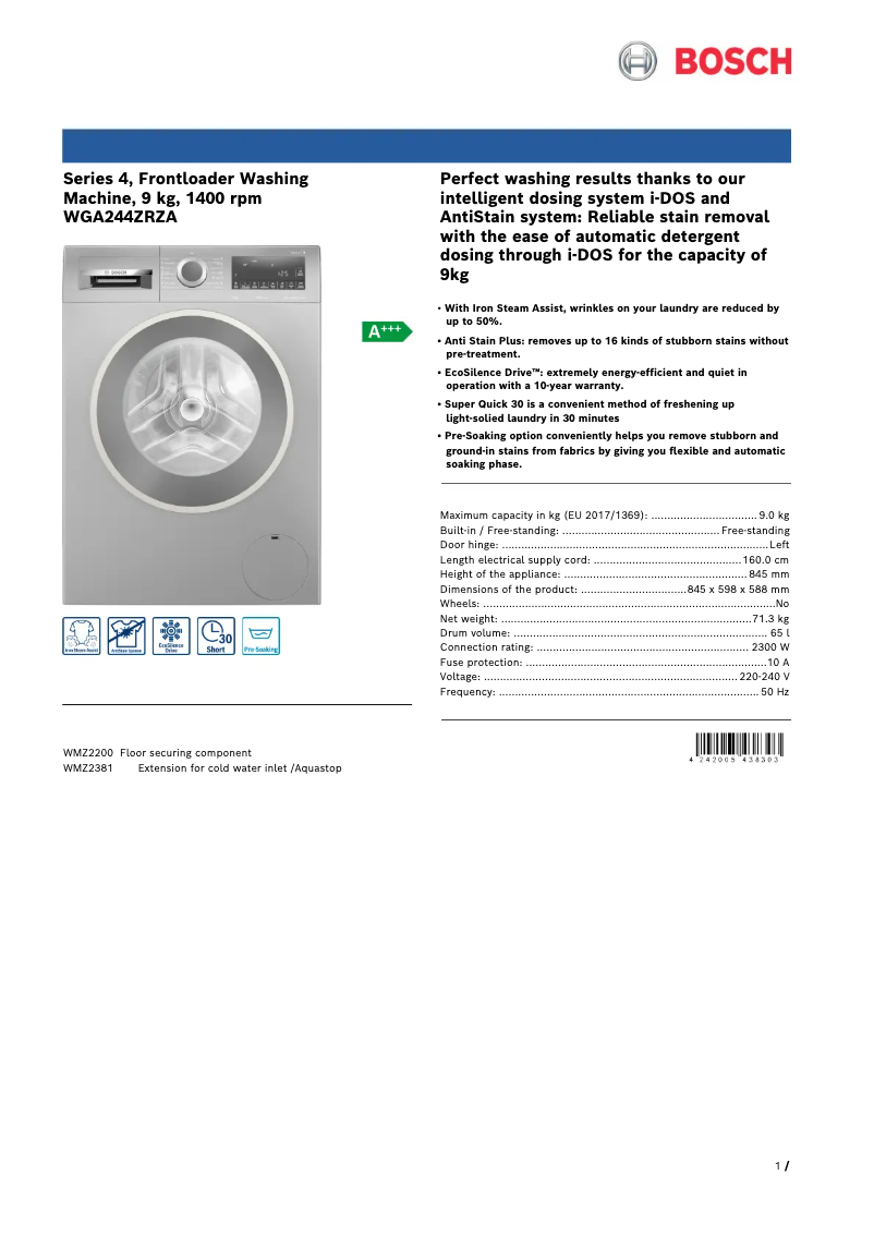 Página 1 del manual Ficha técnica Bosch WGA244ZRZA