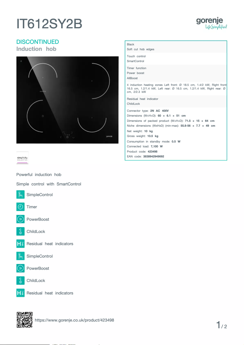 Página 1 del manual Ficha técnica Gorenje IT612SY2B