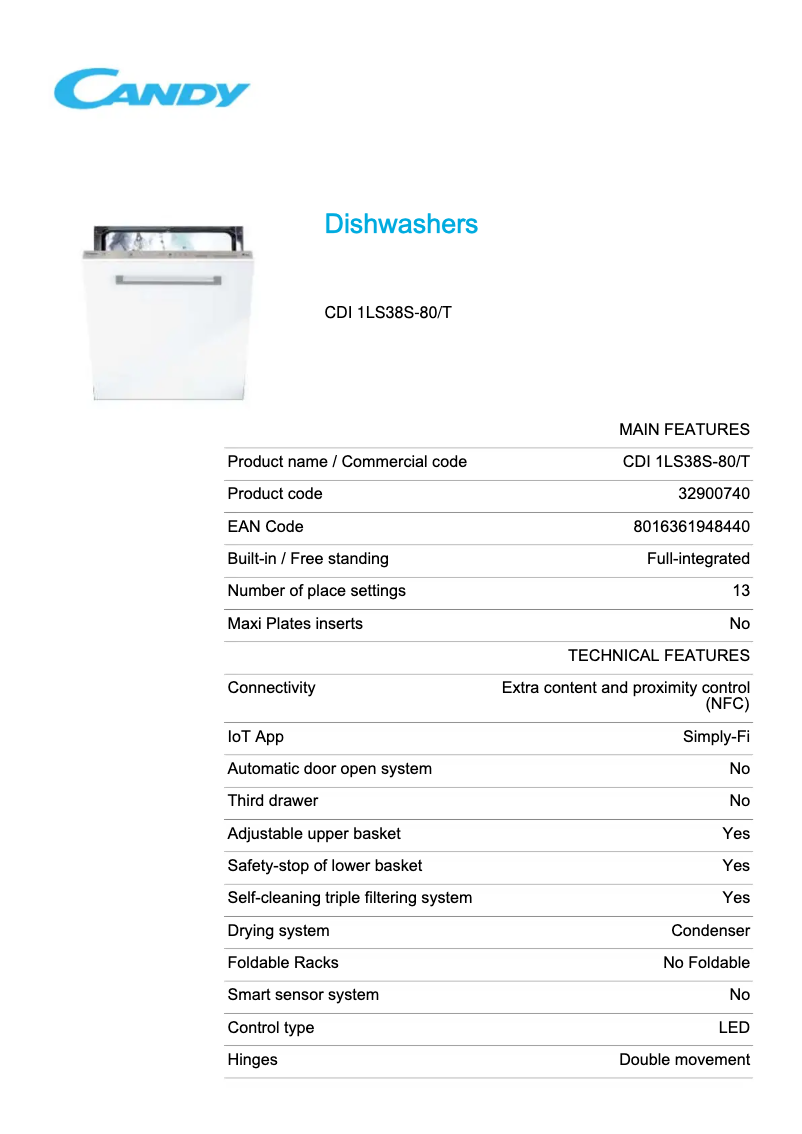 Página 1 del manual Ficha técnica Candy CDI 1LS38S-80/T