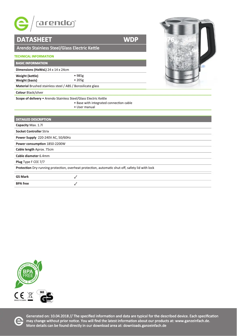 Página 1 del manual Ficha técnica Arendo 303076