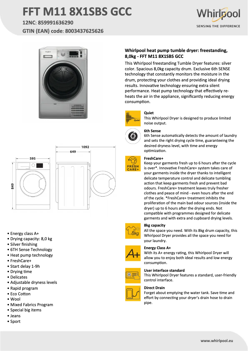 Página nº 1 - Ficha técnica Whirlpool FFT M11 8X1SBS