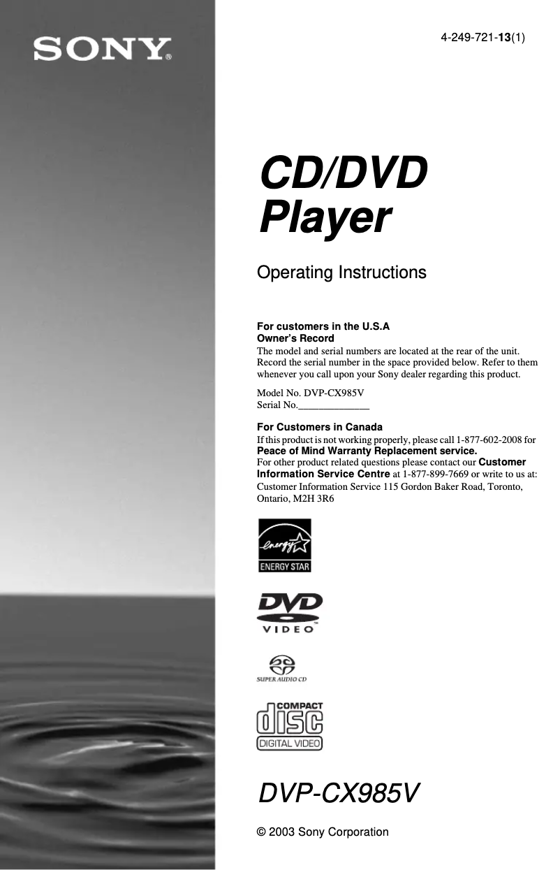 Página nº 1 - Manual de usuario Sony DVP-CX985V