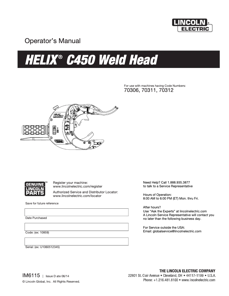 Imagen de la primera página del manual del dispositivo Helix C450 Weld Head