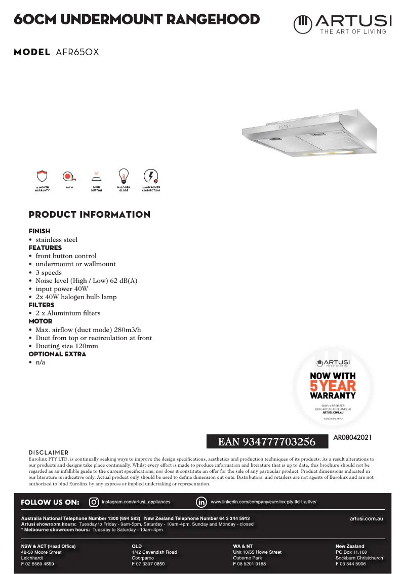 Página 1 del manual Ficha técnica Artusi AFR650X