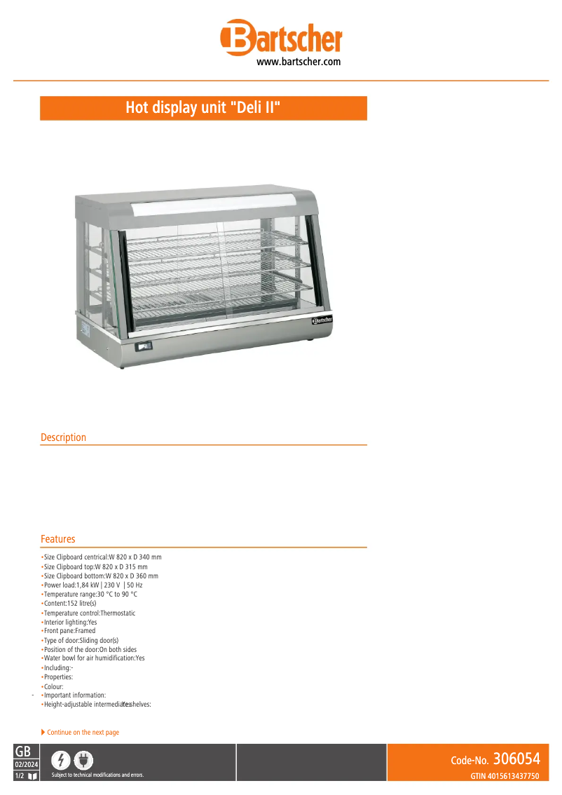 Página 1 del manual Ficha técnica Bartscher Deli 306054