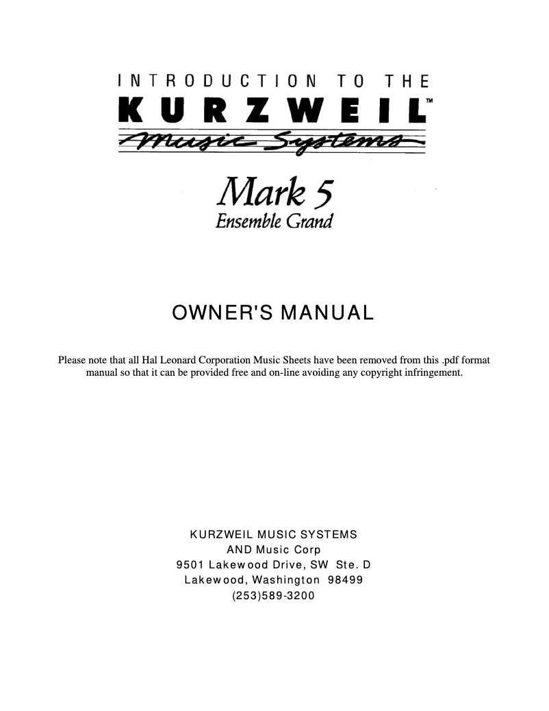 Página nº 1 - Manual de usuario Kurzweil Mark 5