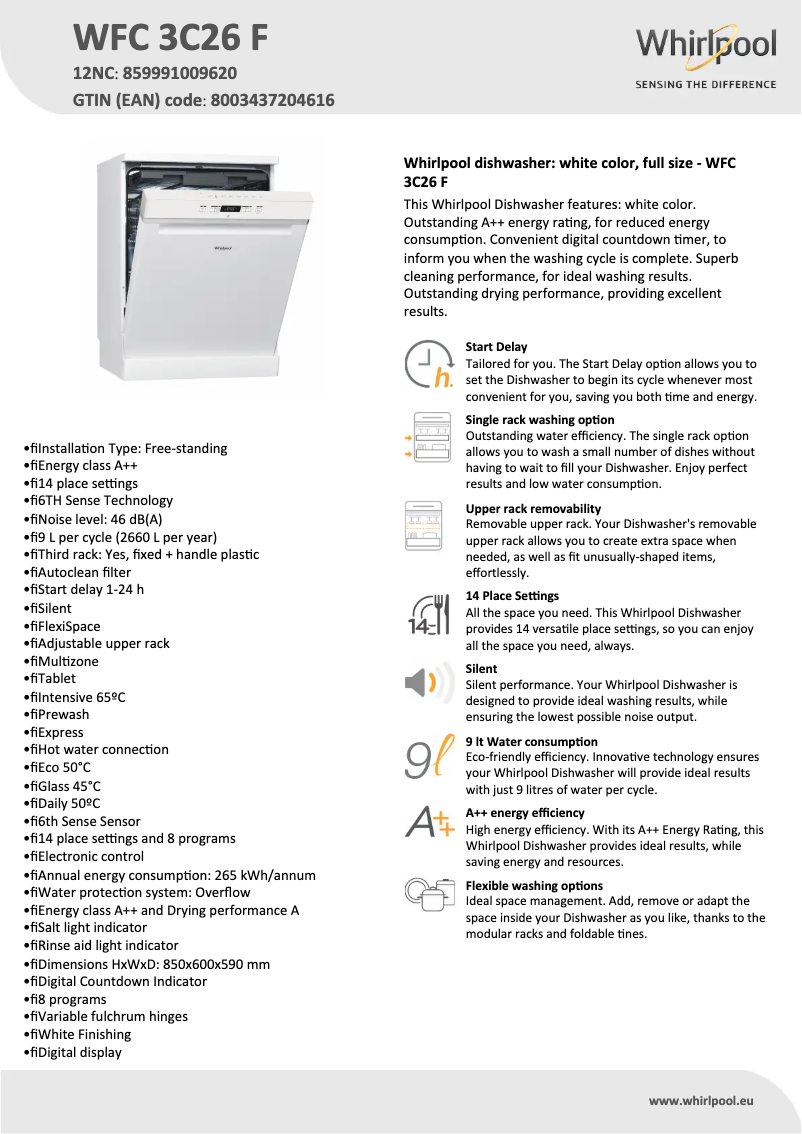 Página 1 del manual Ficha técnica Whirlpool WFC 3C26 F