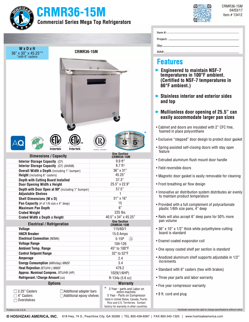 Página 1 del manual Ficha técnica Hoshizaki Commercial CRMR36