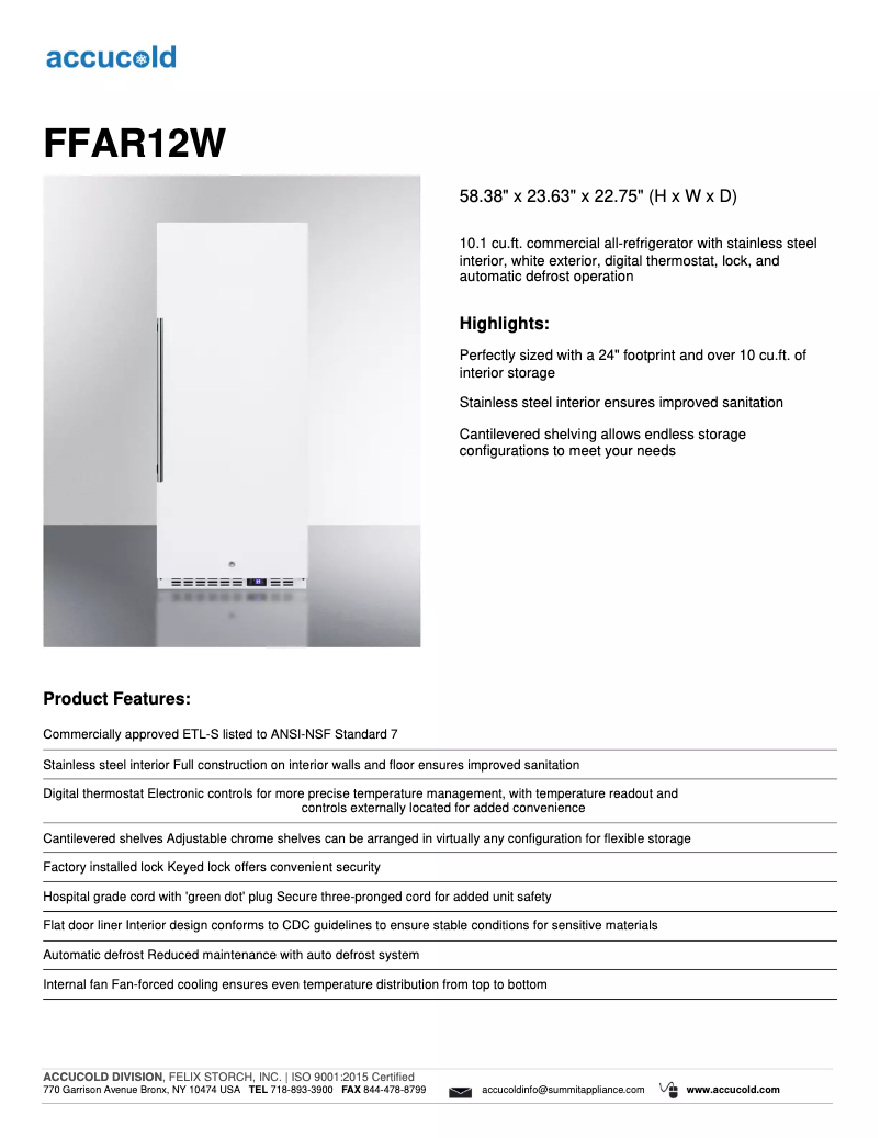 Imagen de la primera página del manual del dispositivo Accucold FFAR12W