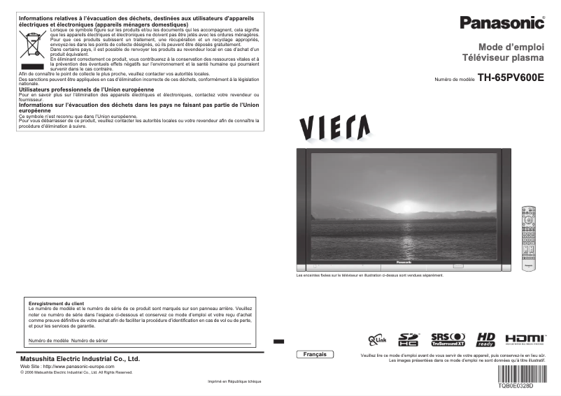 Imagen de la primera página del manual del dispositivo TH-65PV600E