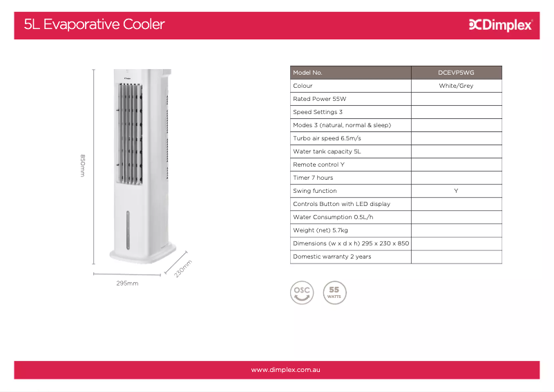 Página 1 del manual Ficha técnica Dimplex DCEVP5WG