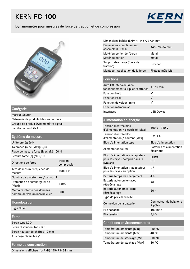 Página 1 del manual Ficha técnica Kern FC 100