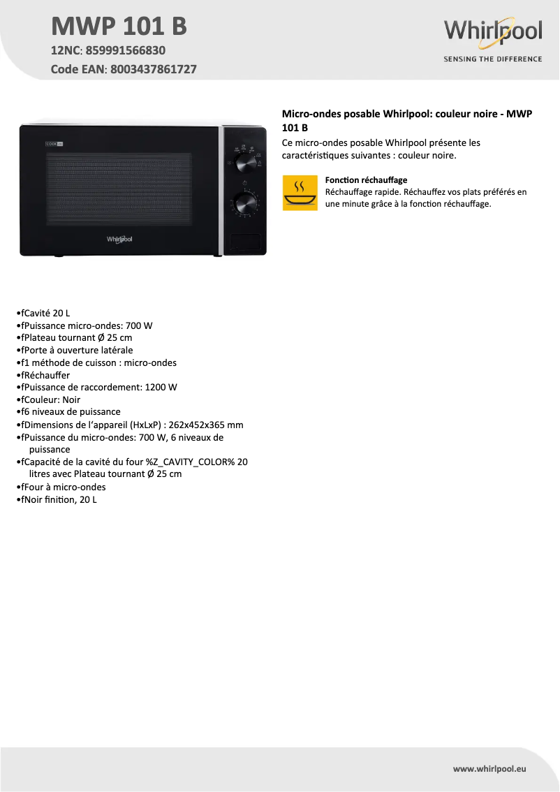 Página 1 del manual Ficha técnica Whirlpool MWP 101