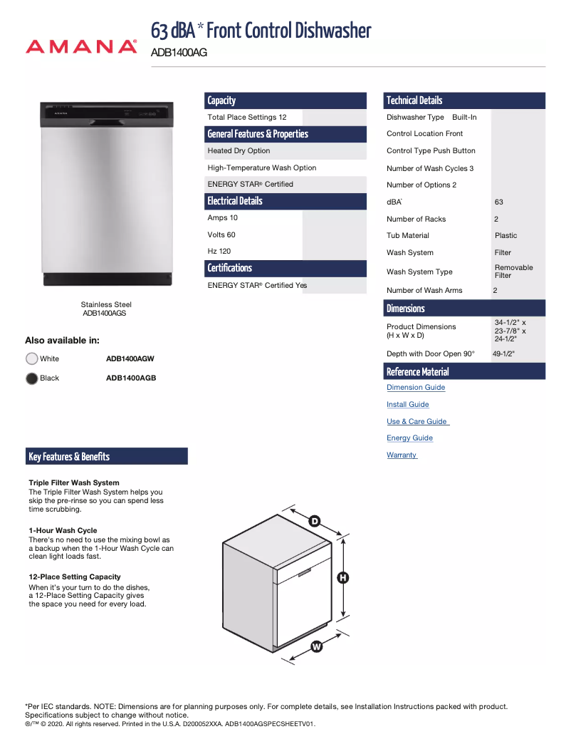 Página 1 del manual Ficha técnica Amana ADB1400AGW