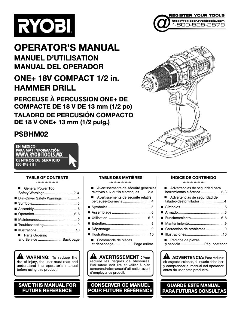 Página 1 del manual Manual de usuario RYOBI One+ PSBHM02