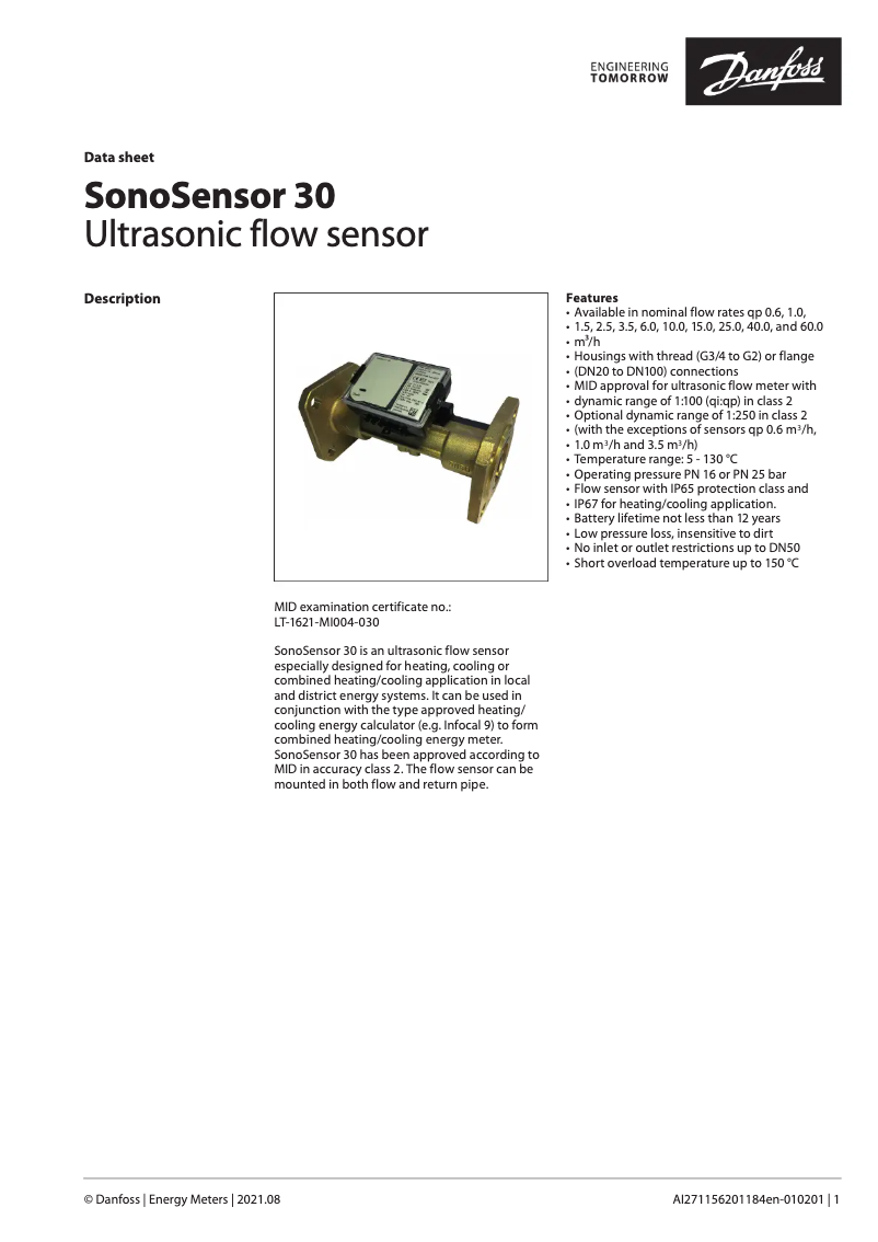 Página 1 del manual Ficha técnica Danfoss SonoSensor 30