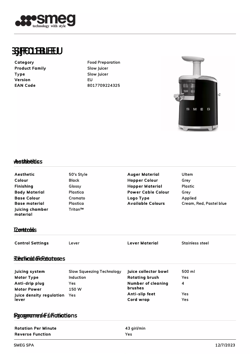 Página 1 del manual Ficha técnica Smeg SJF01