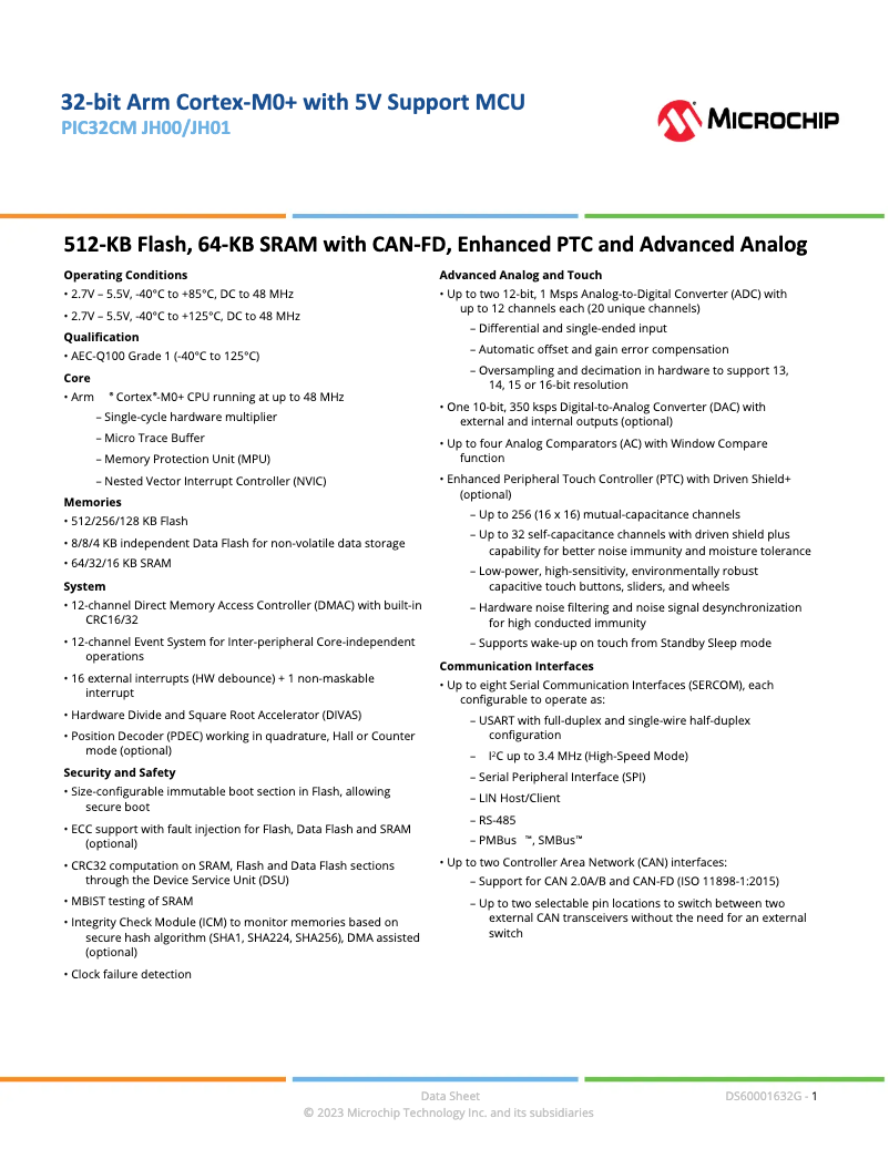 Imagen de la primera página del manual del dispositivo PIC32CM2532JH01048