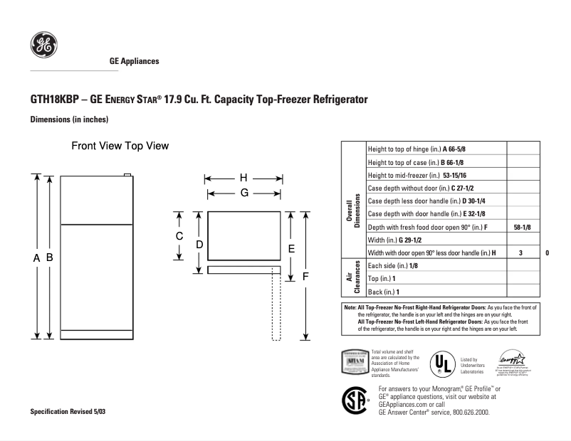Página 1 del manual Ficha técnica GE GTH18KBPWW