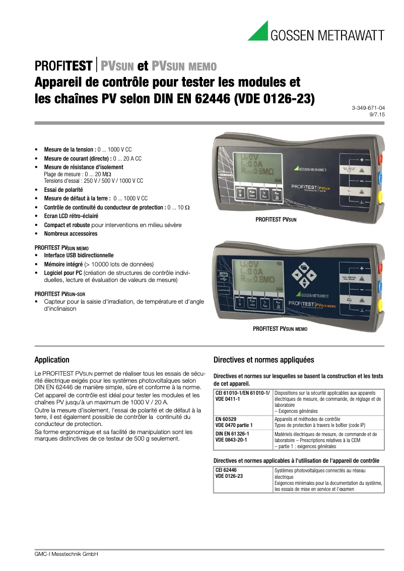 Imagen de la primera página del manual del dispositivo Profitest PVsun memo