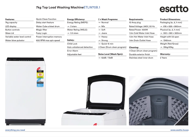 Página 1 del manual Ficha técnica Esatto ETLW70B.1