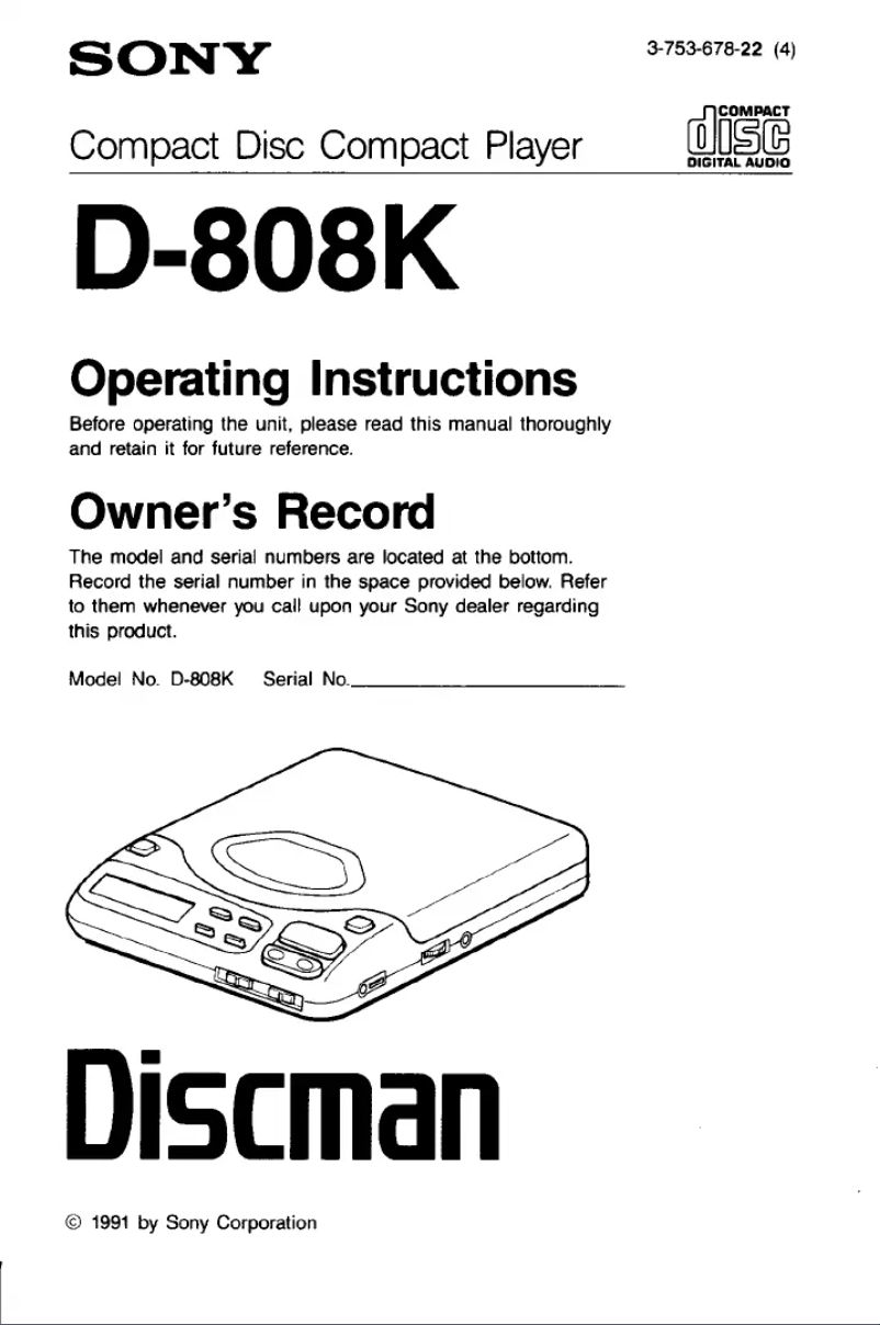 Página 1 del manual Manual de usuario Sony Discman D-808K