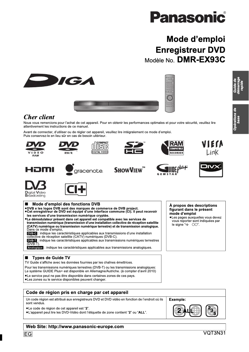 Página nº 1 - Manual de usuario Panasonic DMR-EX93