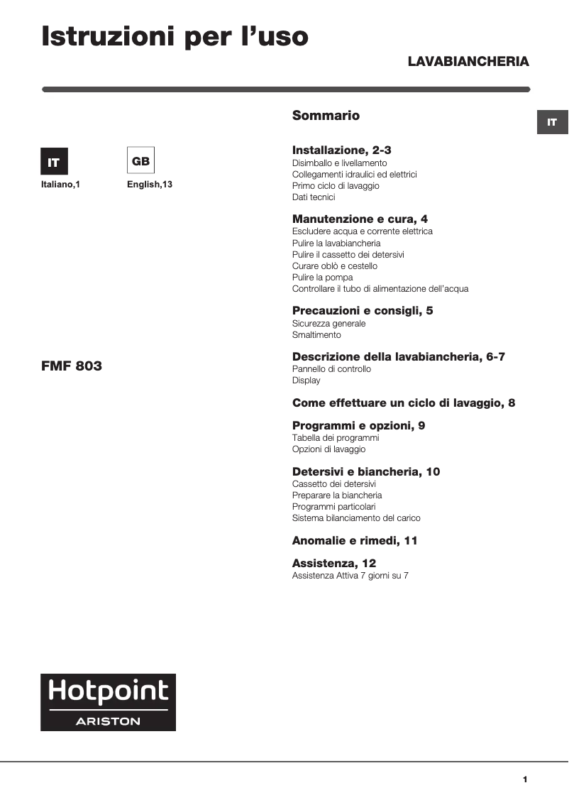 Página 1 del manual Manual de usuario Hotpoint Ariston FMF803