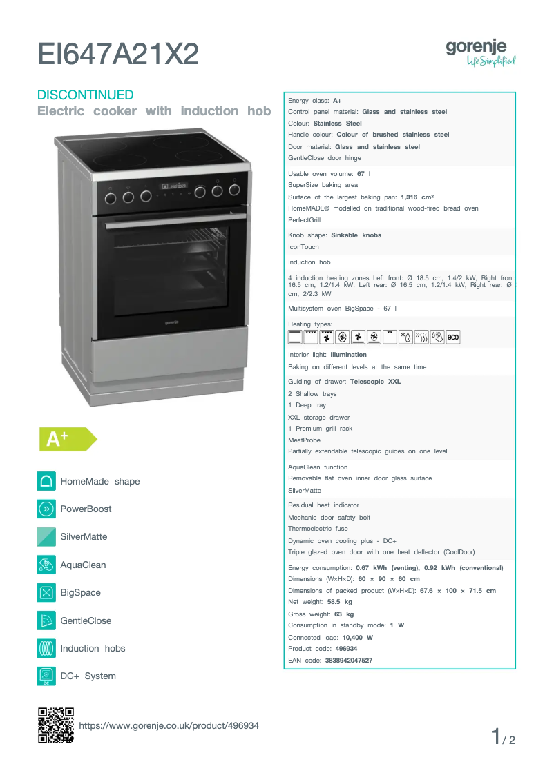 Página 1 del manual Ficha técnica Gorenje EI647A21X2