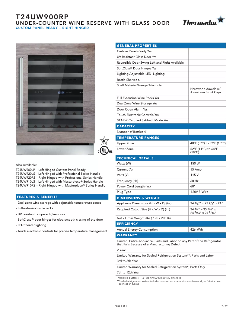 Página 1 del manual Ficha técnica Thermador T24UW900RP